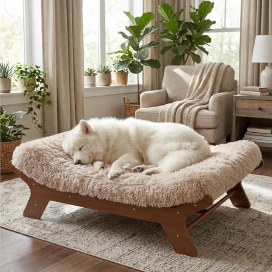Wood Elevated Dog Bed Frame and Egg Crate Foam Mattress Luxurious Suitable for Pets Up to 80 lbs Walnut L