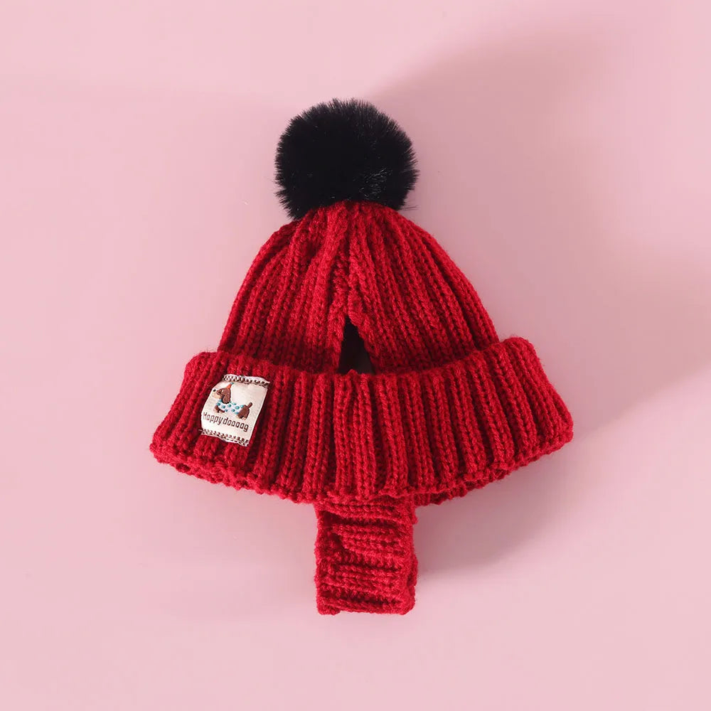 Knitted Dog Hat with Plush Ball Ear Exposed Winter Windproof Pet Cap Warm Knit Puppy Hat for Dog Christmas New Year Pet Supplies