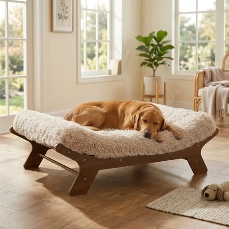 Wood Elevated Dog Bed Frame and Egg Crate Foam Mattress Luxurious Suitable for Pets Up to 80 lbs Walnut L