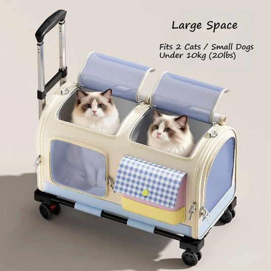 Multifunction Pet Rolling Carrier Backpack, Large Capacity Cat Luggage with Wheels, Portable Travel Trolley Case for 2 Cats Dogs