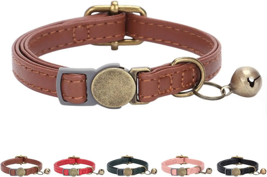 Leather Cat Collar with Bell, Adjustable Breakaway for Safety, Durable Retro Design Fits Most Cats (Brown)