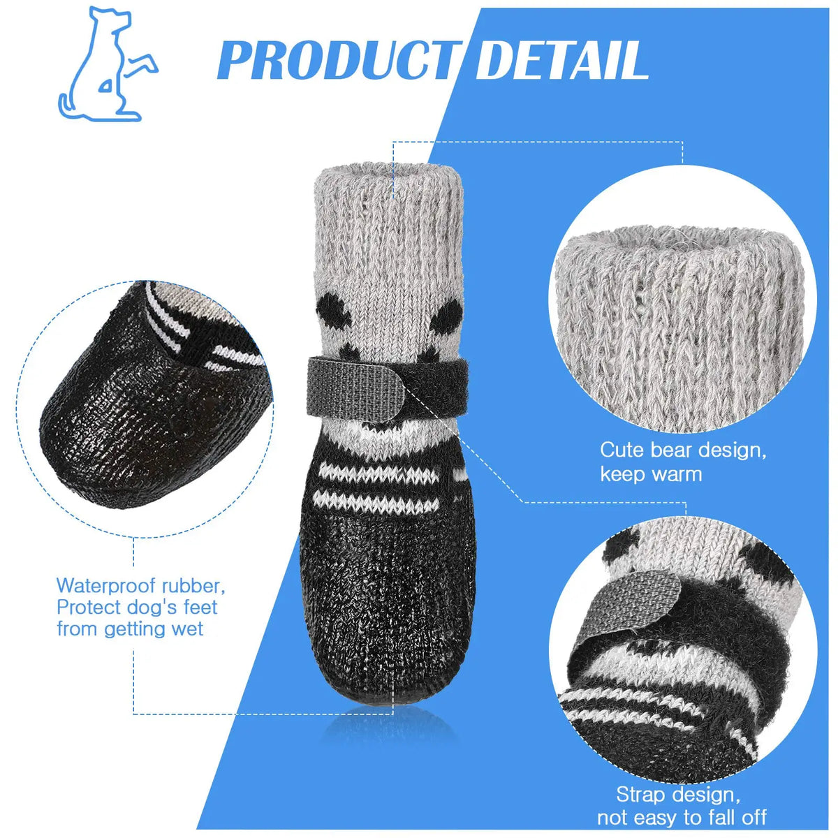 Pet Socks for Small Dog Cat, Non-Slip Dog Socks with Adjustable Paw Protection Winter Knitting Warm Sock (Blue Red Black)
