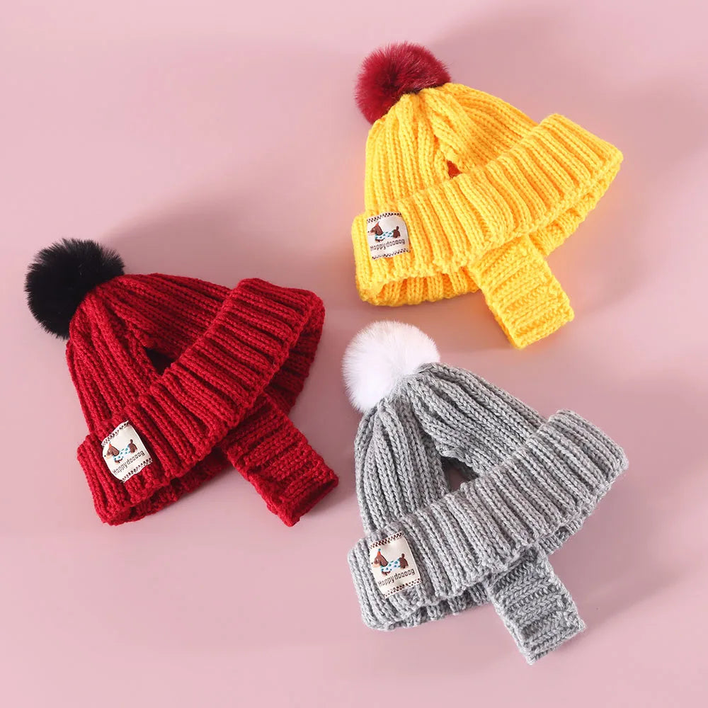 Knitted Dog Hat with Plush Ball Ear Exposed Winter Windproof Pet Cap Warm Knit Puppy Hat for Dog Christmas New Year Pet Supplies