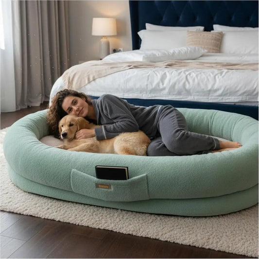 Extra-Large Cozy Pet & Human Lounger Bed with Soft Fabric, Premium Foam, and Washable Cover - Green & Beige
