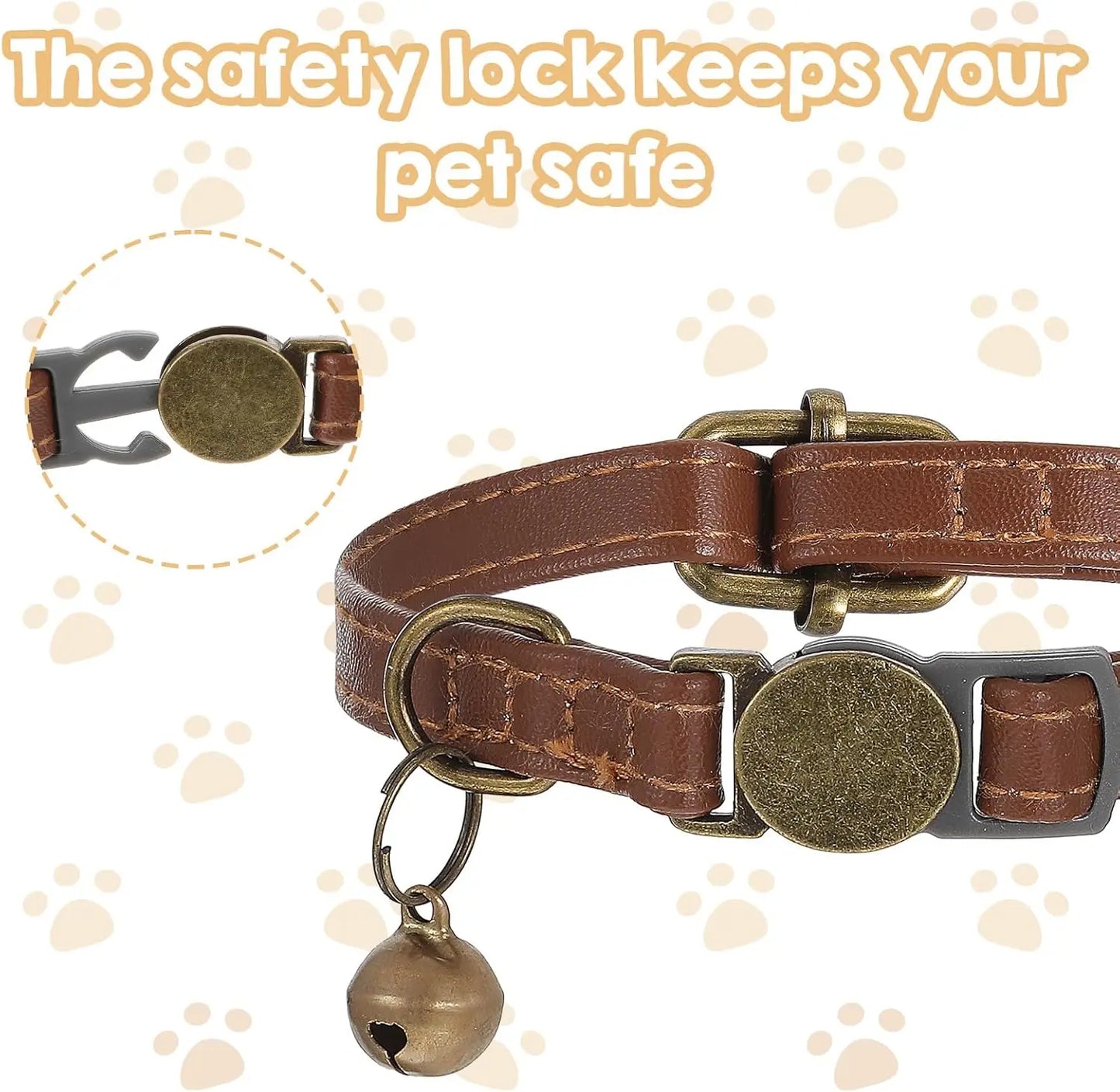 2 Pcs Adjustable PU Leather Cat Collar with Bell, Quick Release Buckle for Cats and Kittens