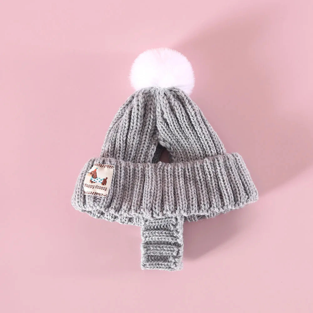 Knitted Dog Hat with Plush Ball Ear Exposed Winter Windproof Pet Cap Warm Knit Puppy Hat for Dog Christmas New Year Pet Supplies