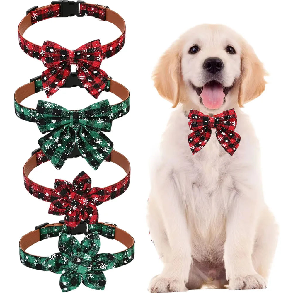Christmas Pet Dog Collar Printed Plaid Christmas Bow Tie For Small Medium Dogs Cats New Year Cute Xmas Decor Props Pet Accesssor