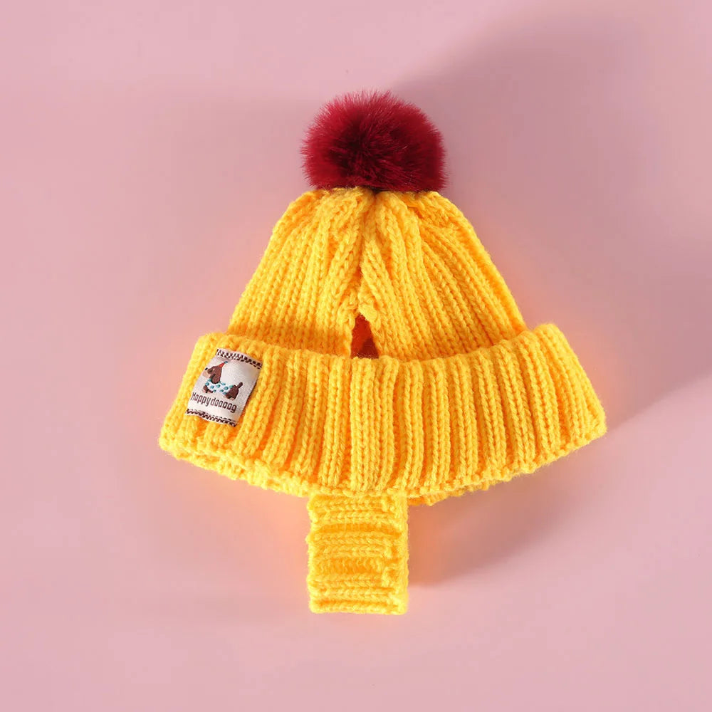 Knitted Dog Hat with Plush Ball Ear Exposed Winter Windproof Pet Cap Warm Knit Puppy Hat for Dog Christmas New Year Pet Supplies