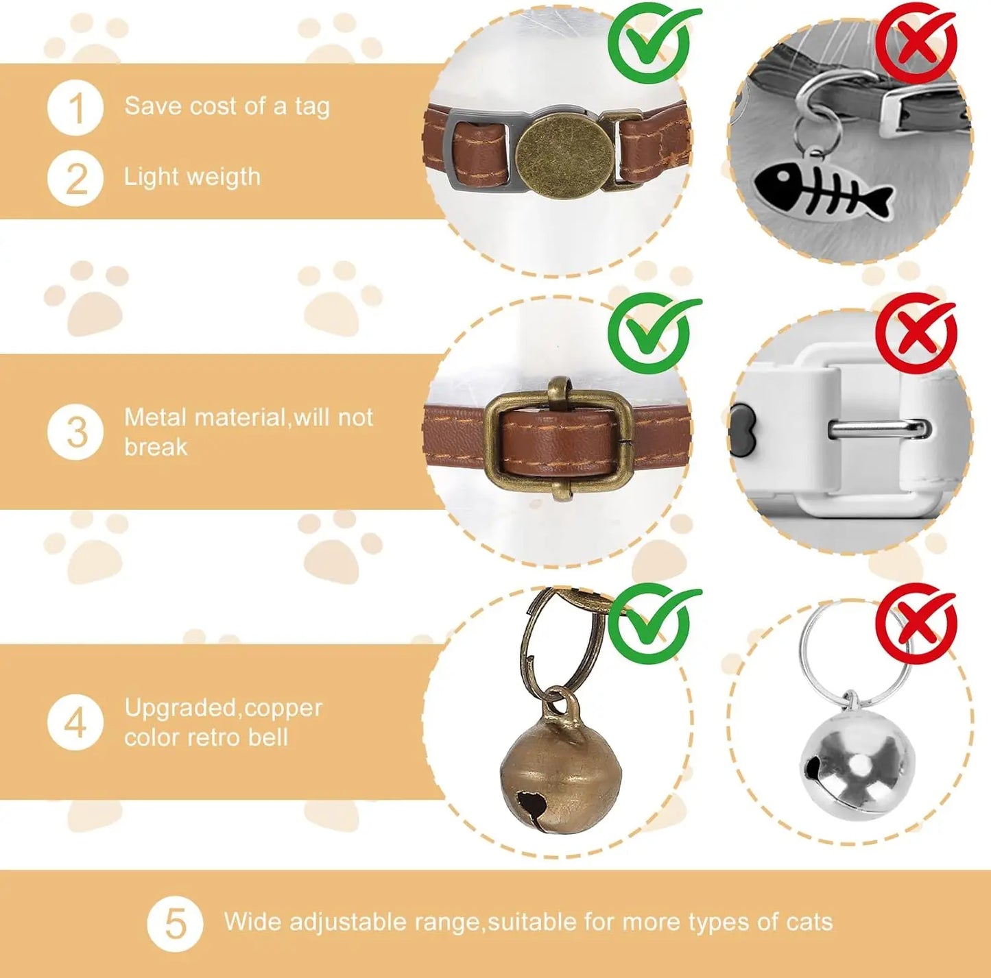 2 Pcs Adjustable PU Leather Cat Collar with Bell, Quick Release Buckle for Cats and Kittens