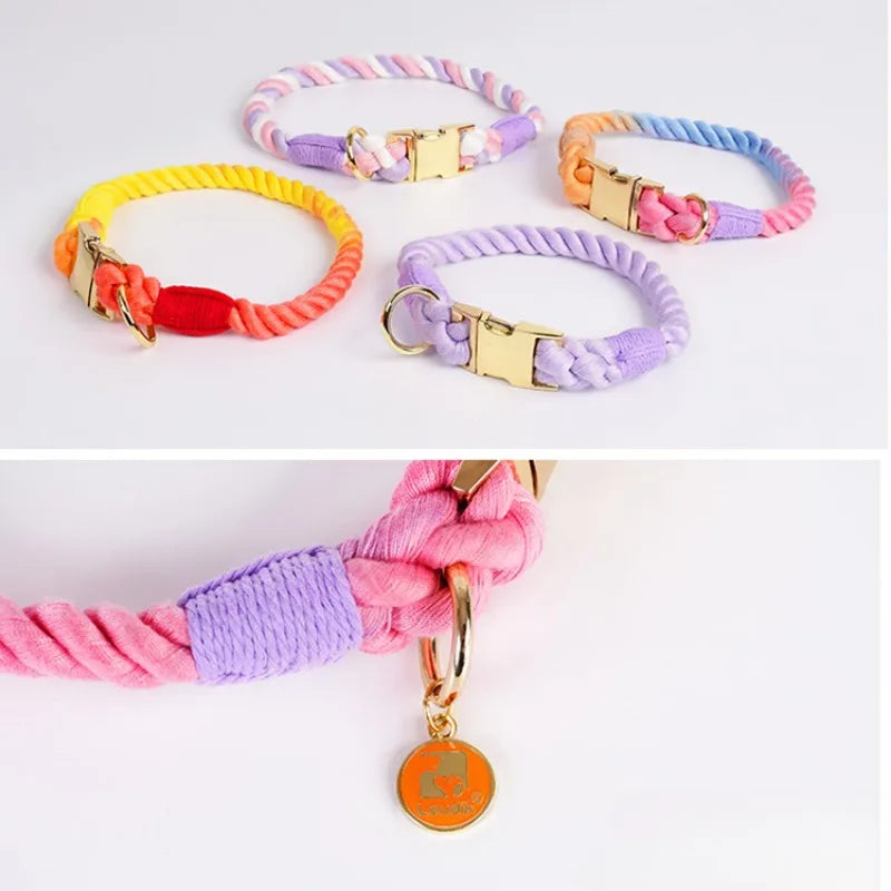 Loudik Wholesale Hand-woven Colored Cotton Rope Pet Collar Set Dog Leash Medium and Large Dog Pet Supplies Puppy Accessories
