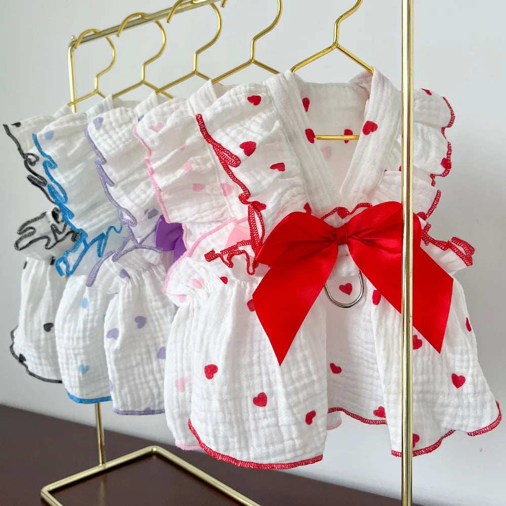 Pet Dresses Clothes for Spring and Summer Dogs Cats Teddy Bears Pomeranians Plush Toys Hearts All Cotton Fabric