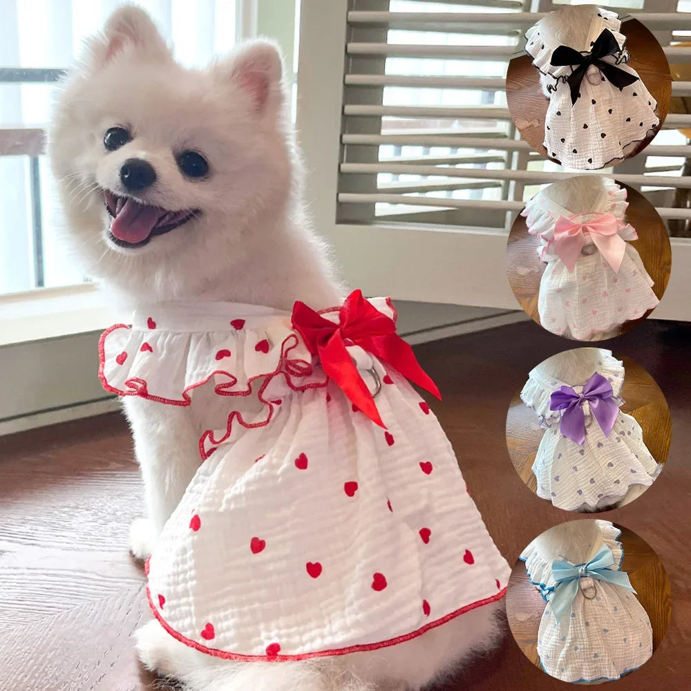 Pet Dresses Clothes for Spring and Summer Dogs Cats Teddy Bears Pomeranians Plush Toys Hearts All Cotton Fabric