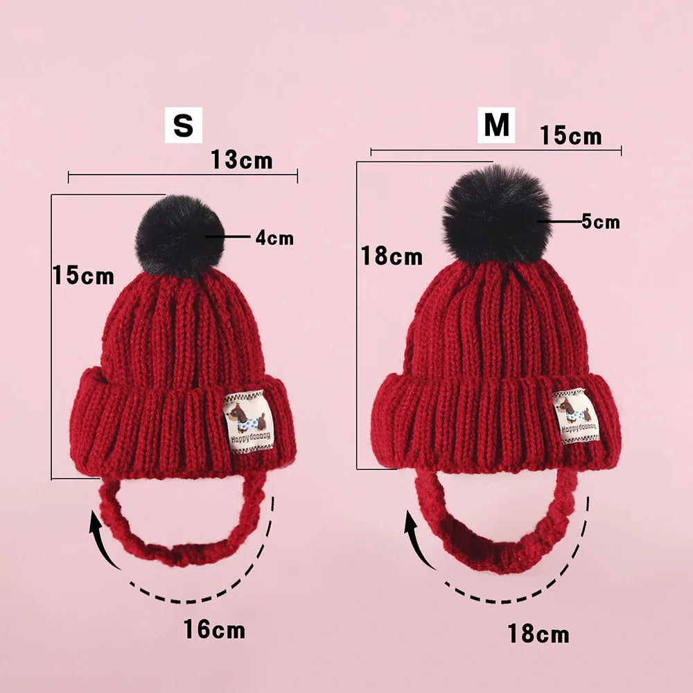 Knitted Dog Hat with Plush Ball Ear Exposed Winter Windproof Pet Cap Warm Knit Puppy Hat for Dog Christmas New Year Pet Supplies
