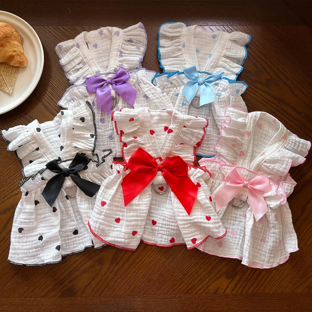 Pet Dresses Clothes for Spring and Summer Dogs Cats Teddy Bears Pomeranians Plush Toys Hearts All Cotton Fabric