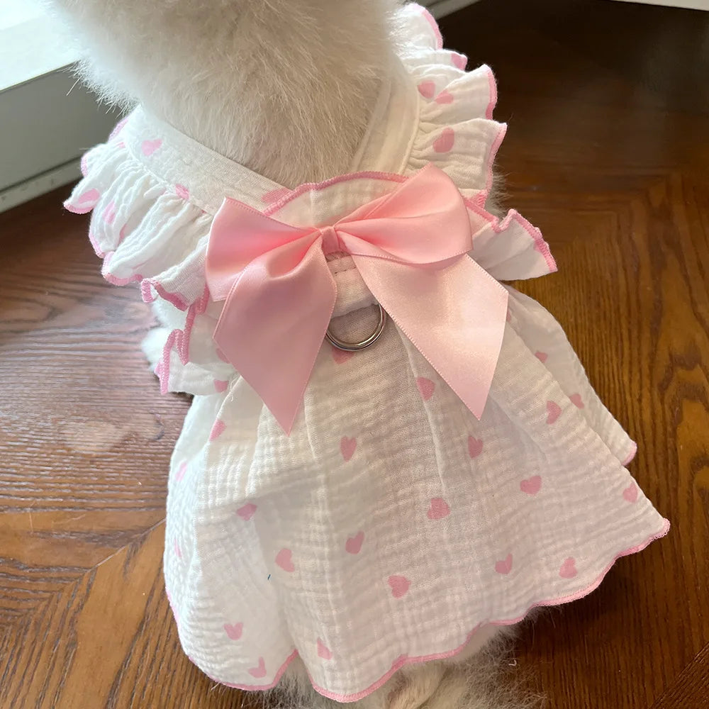 Pet Dresses Clothes for Spring and Summer Dogs Cats Teddy Bears Pomeranians Plush Toys Hearts All Cotton Fabric