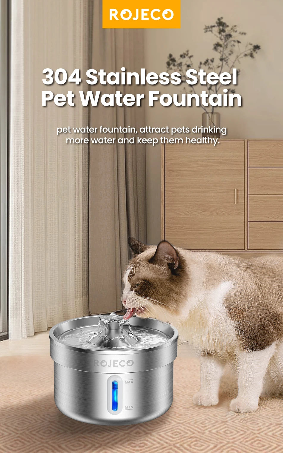 ROJECO Stainless Steel Pet Drinking Fountain Automatic Cat Water Fountain Smart Pet Water Dispenser for Dog Cat Drinking Supply