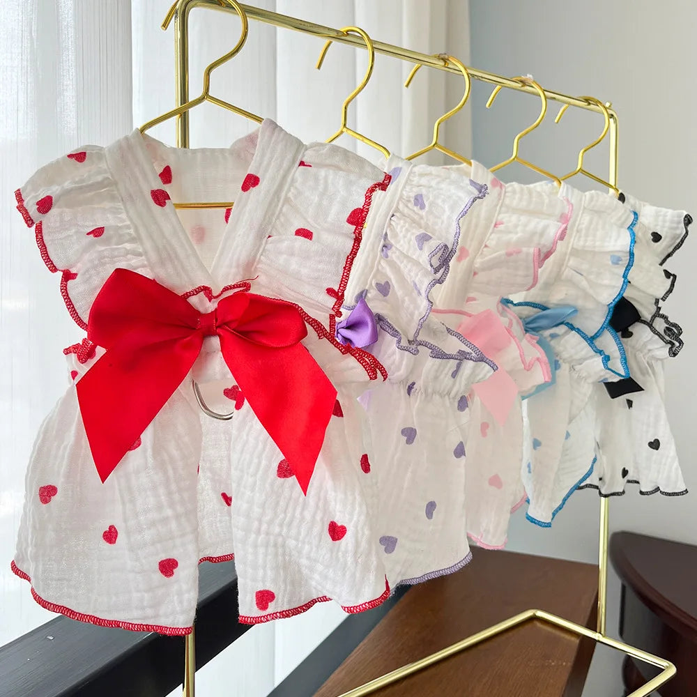 Pet Dresses Clothes for Spring and Summer Dogs Cats Teddy Bears Pomeranians Plush Toys Hearts All Cotton Fabric