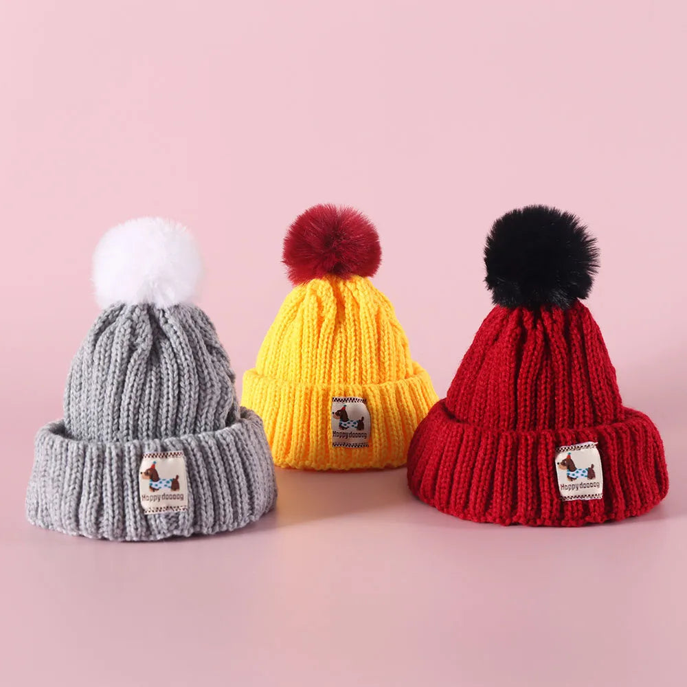 Knitted Dog Hat with Plush Ball Ear Exposed Winter Windproof Pet Cap Warm Knit Puppy Hat for Dog Christmas New Year Pet Supplies
