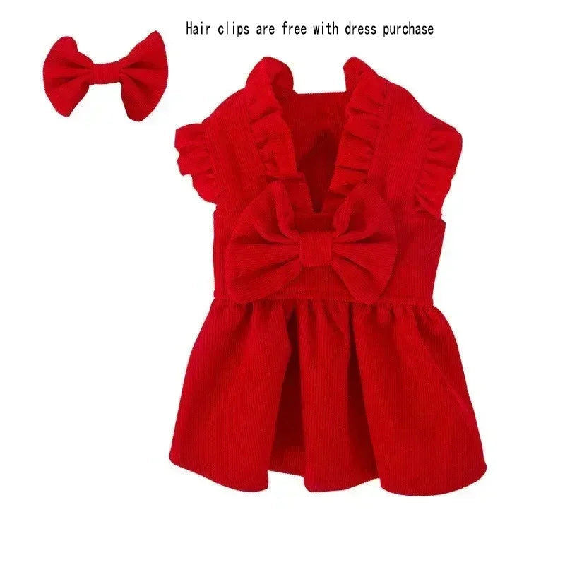 Red Bowknot Dog Puppy Dress For Small Medium Big Dogs Cats Skirt Outfit Hair Clip Set Winter Christmas Dogs Clothes Pet Apparel