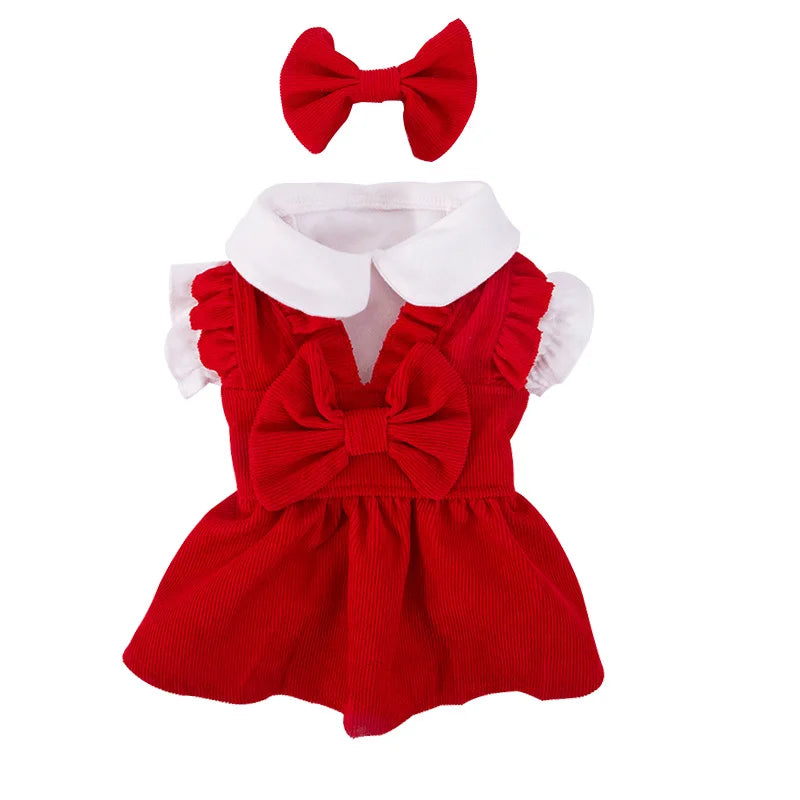 Red Bowknot Dog Puppy Dress For Small Medium Big Dogs Cats Skirt Outfit Hair Clip Set Winter Christmas Dogs Clothes Pet Apparel