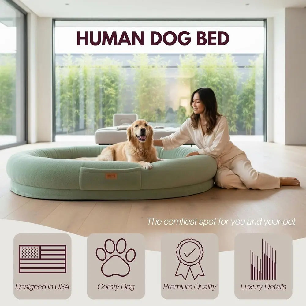 Extra-Large Cozy Pet & Human Lounger Bed with Soft Fabric, Premium Foam, and Washable Cover - Green & Beige