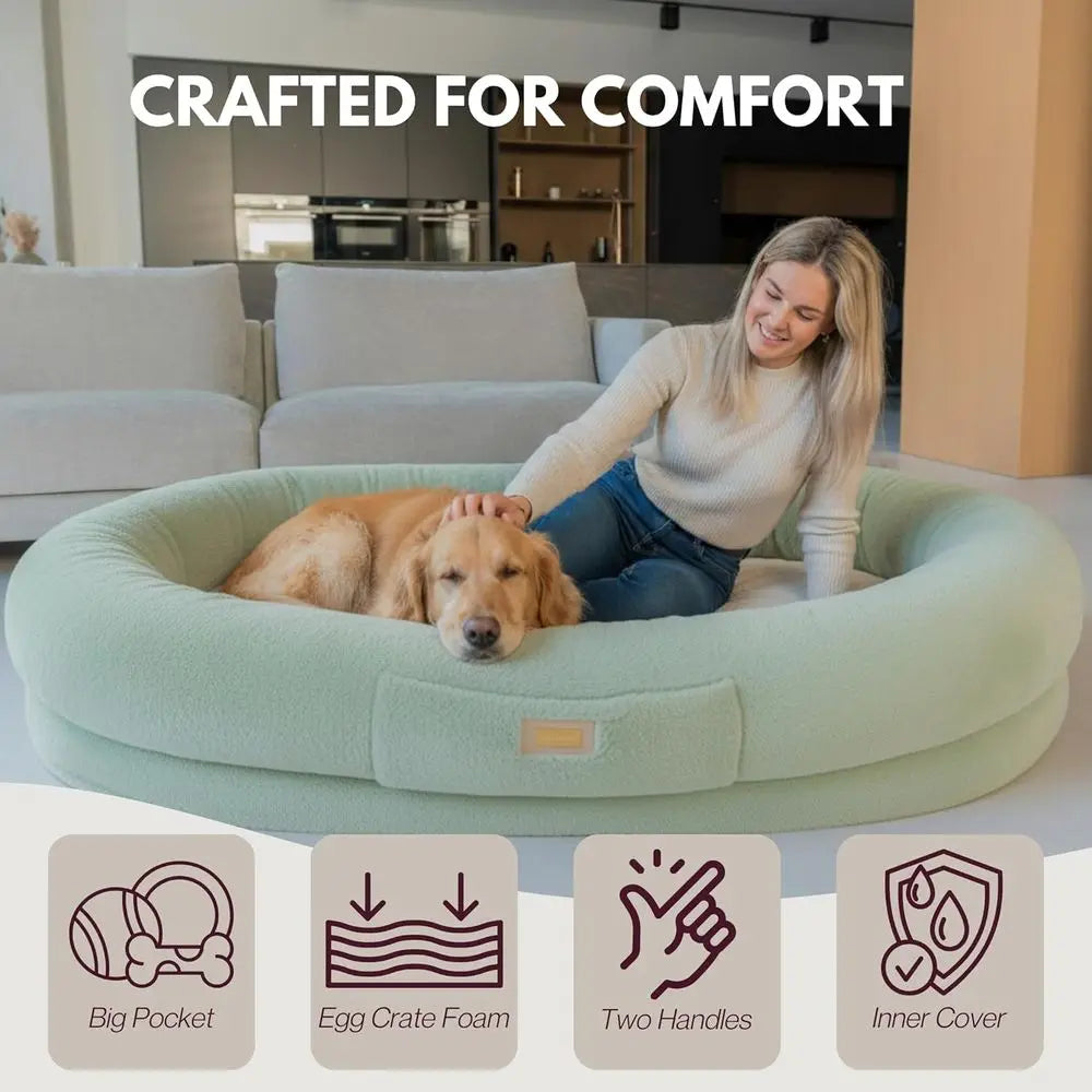Extra-Large Cozy Pet & Human Lounger Bed with Soft Fabric, Premium Foam, and Washable Cover - Green & Beige