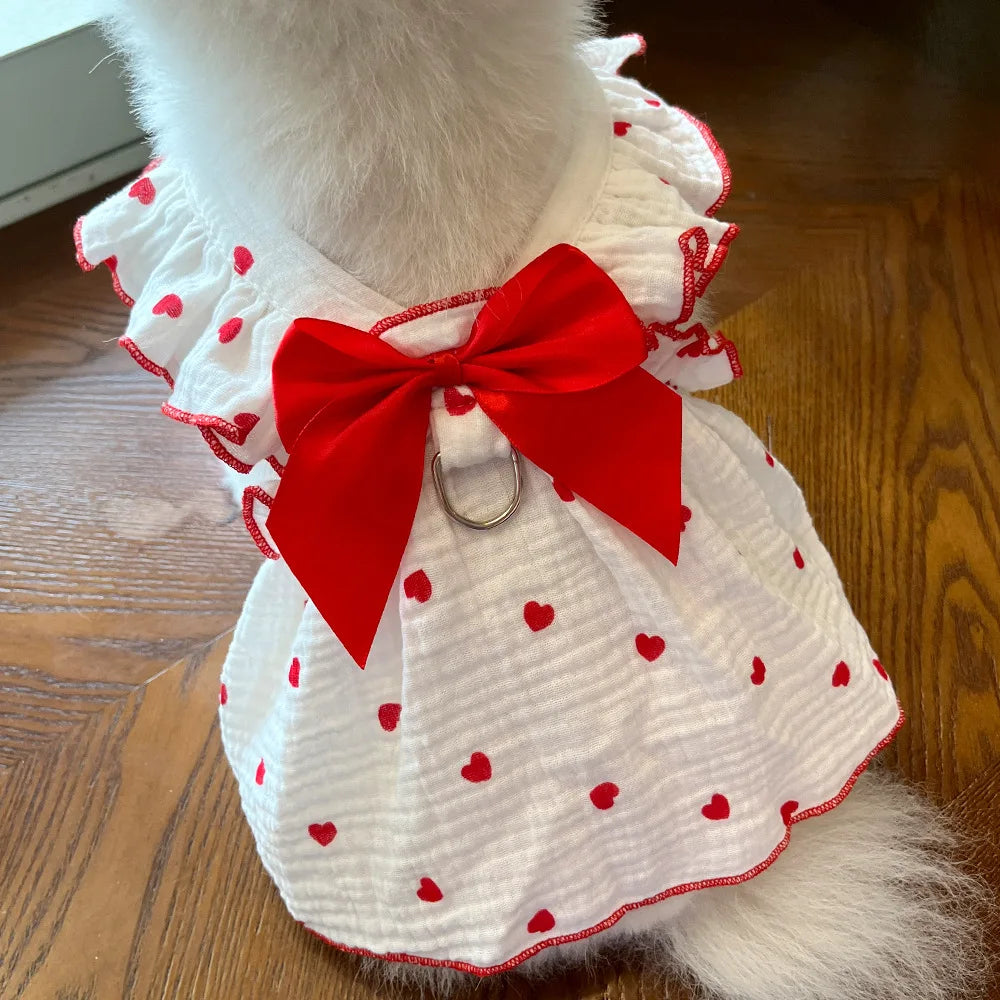 Pet Dresses Clothes for Spring and Summer Dogs Cats Teddy Bears Pomeranians Plush Toys Hearts All Cotton Fabric