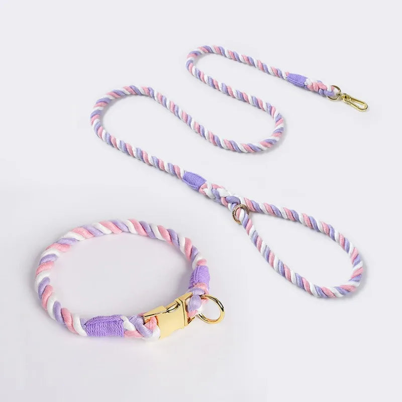 Loudik Wholesale Hand-woven Colored Cotton Rope Pet Collar Set Dog Leash Medium and Large Dog Pet Supplies Puppy Accessories