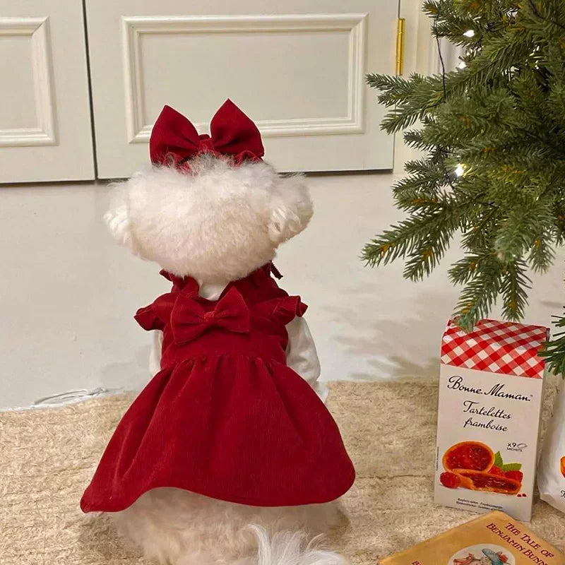 Red Bowknot Dog Puppy Dress For Small Medium Big Dogs Cats Skirt Outfit Hair Clip Set Winter Christmas Dogs Clothes Pet Apparel