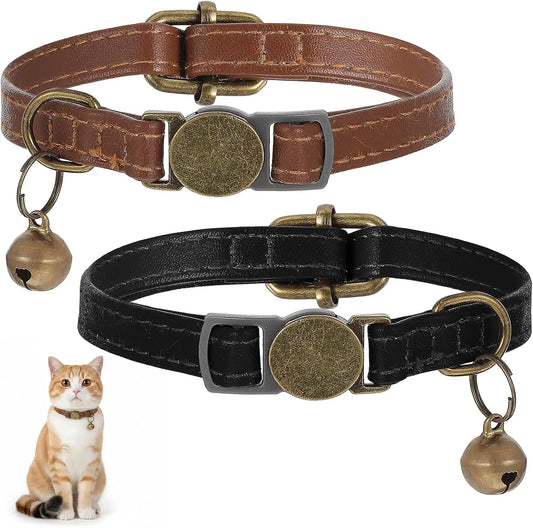 2 Pcs Adjustable PU Leather Cat Collar with Bell, Quick Release Buckle for Cats and Kittens