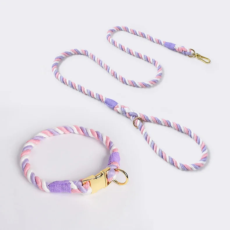 Loudik Wholesale Hand-woven Colored Cotton Rope Pet Collar Set Dog Leash Medium and Large Dog Pet Supplies Puppy Accessories