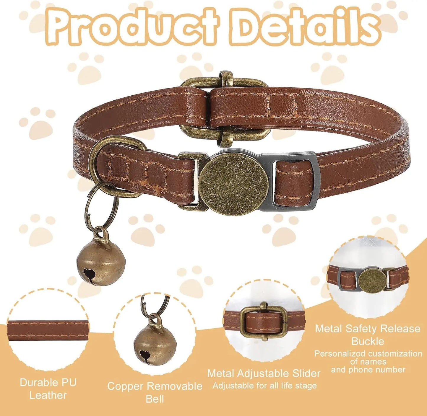 2 Pcs Adjustable PU Leather Cat Collar with Bell, Quick Release Buckle for Cats and Kittens