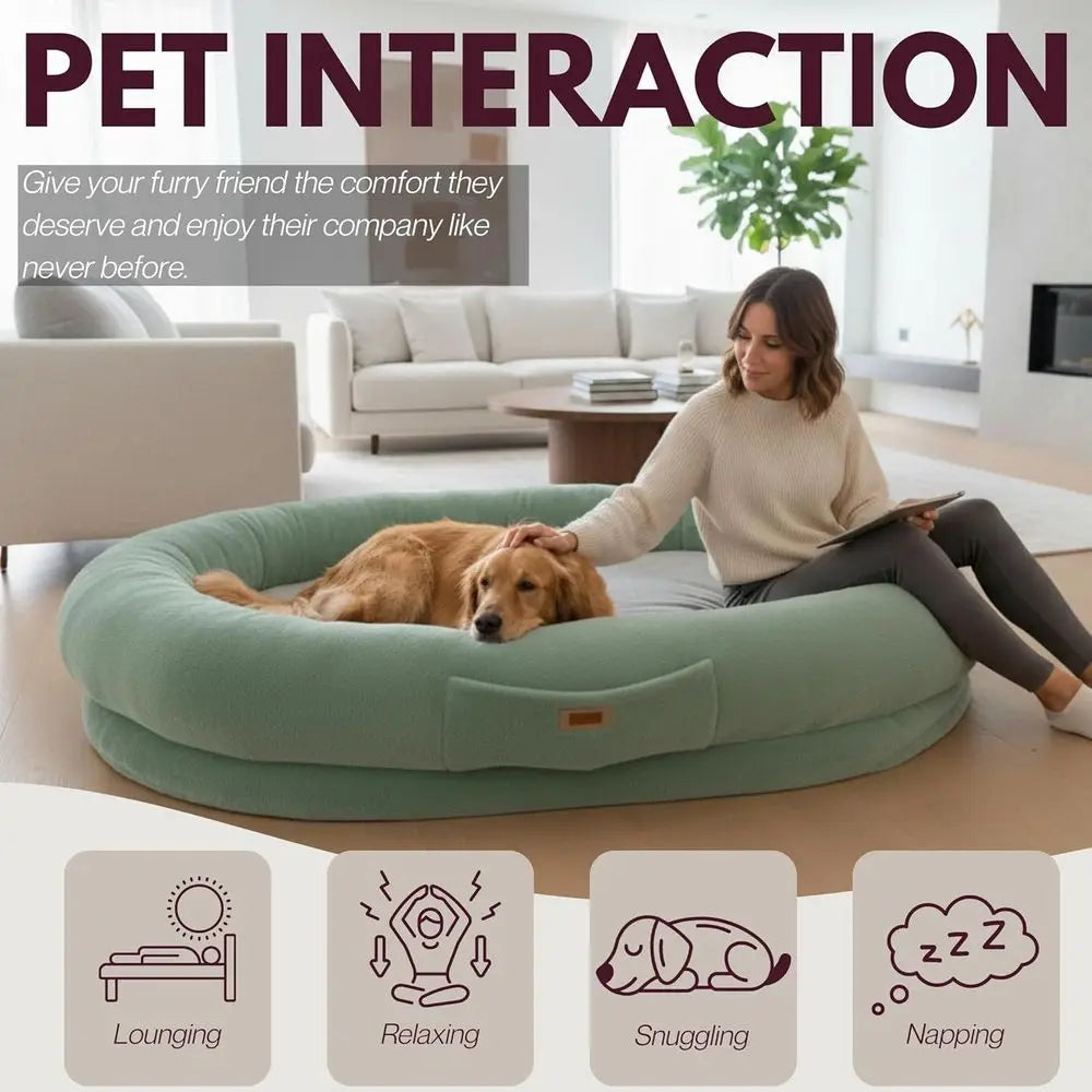 Extra-Large Cozy Pet & Human Lounger Bed with Soft Fabric, Premium Foam, and Washable Cover - Green & Beige
